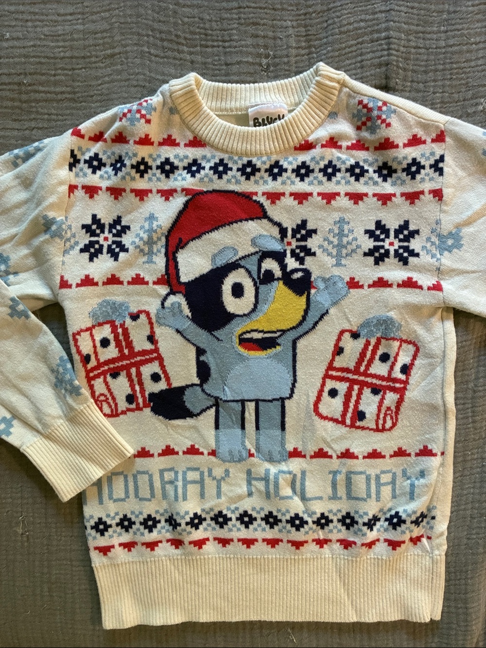 Bluey Holiday Knit Sweater - Cream with Red & Light Blue Accents